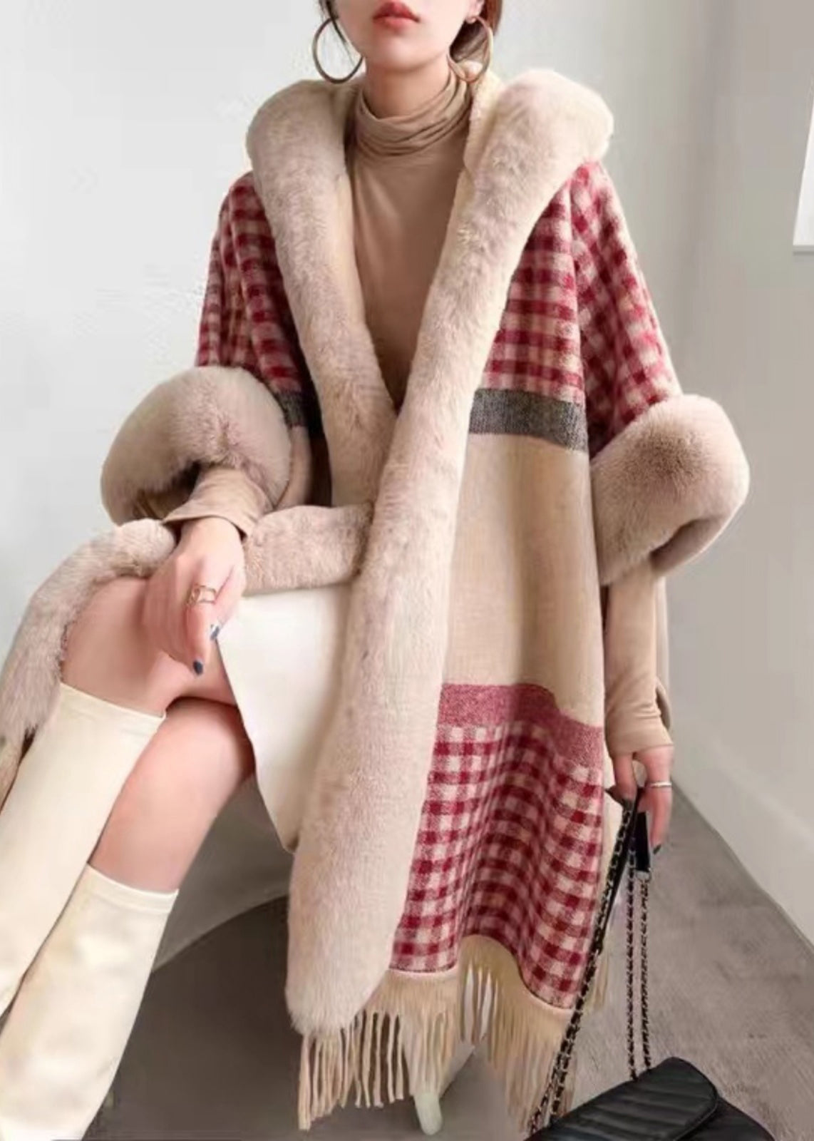 Chic Plaid Hooded Tasseled Patchwork Warm Fleece Cape Coat Half Sleeve YW017 ABC