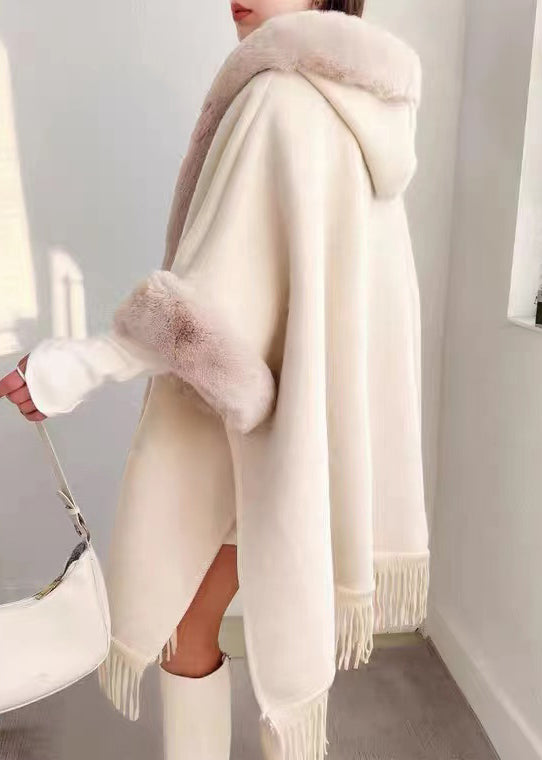 Chic Plaid Hooded Tasseled Patchwork Warm Fleece Cape Coat Half Sleeve YW017 ABC