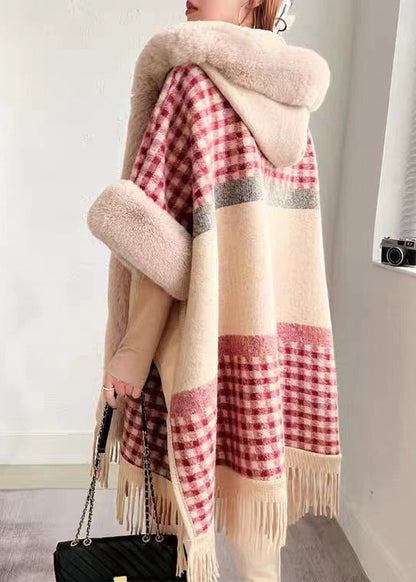 Chic Plaid Hooded Tasseled Patchwork Warm Fleece Cape Coat Half Sleeve YW017 ABC