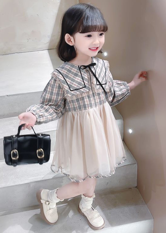 Chic Plaid Peter Pan Collar Tulle Patchwork Girls Dresses Long Sleeve XZ068 FALL-MM-RCTZ-FDGL240618