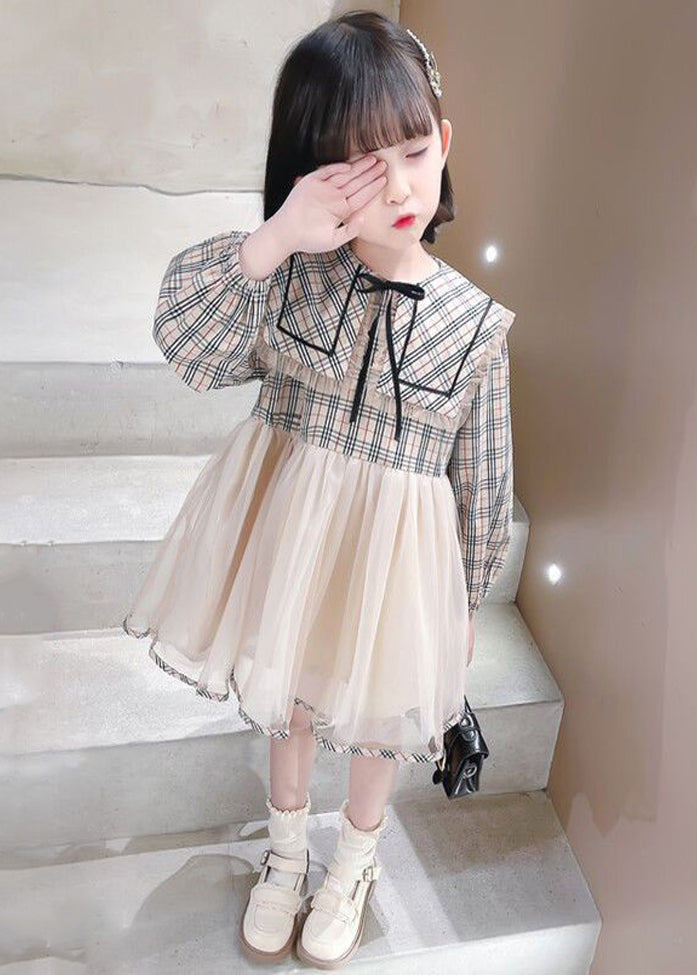 Chic Plaid Peter Pan Collar Tulle Patchwork Girls Dresses Long Sleeve XZ068 FALL-MM-RCTZ-FDGL240618