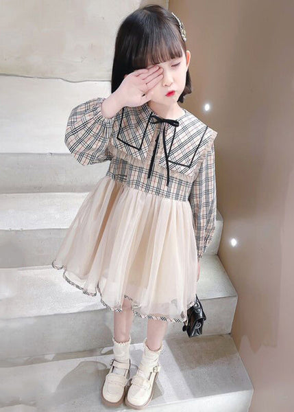 Chic Plaid Peter Pan Collar Tulle Patchwork Girls Dresses Long Sleeve XZ068 FALL-MM-RCTZ-FDGL240618