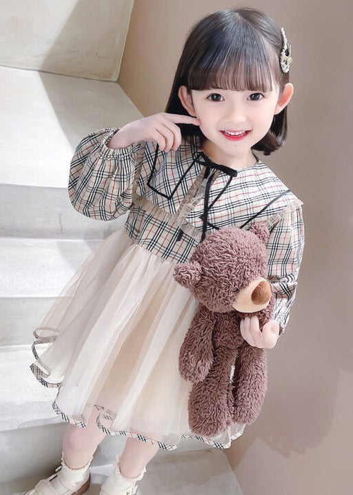 Chic Plaid Peter Pan Collar Tulle Patchwork Girls Dresses Long Sleeve XZ068 FALL-MM-RCTZ-FDGL240618