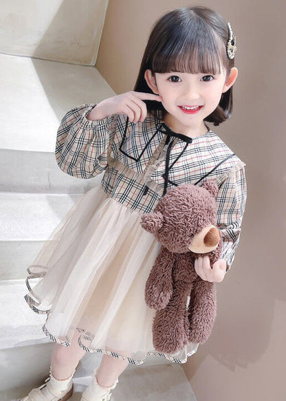 Chic Plaid Peter Pan Collar Tulle Patchwork Girls Dresses Long Sleeve XZ068 FALL-MM-RCTZ-FDGL240618