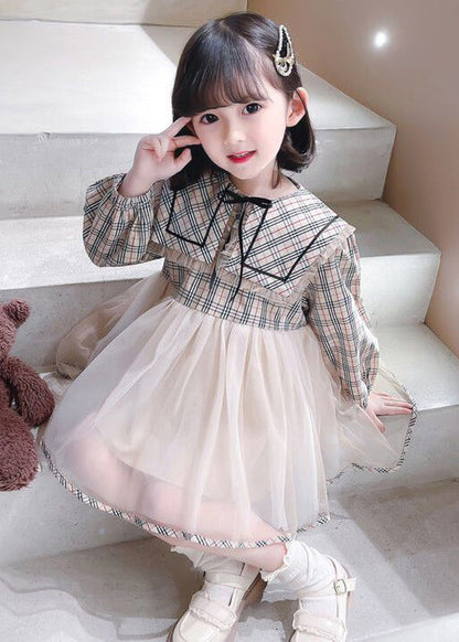 Chic Plaid Peter Pan Collar Tulle Patchwork Girls Dresses Long Sleeve XZ068 FALL-MM-RCTZ-FDGL240618