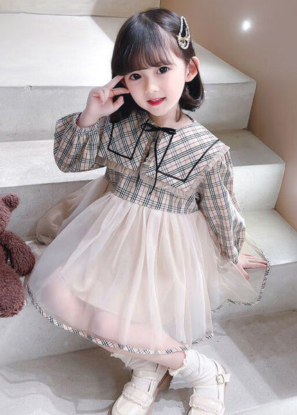 Chic Plaid Peter Pan Collar Tulle Patchwork Girls Dresses Long Sleeve XZ068 FALL-MM-RCTZ-FDGL240618