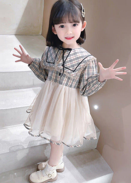 Chic Plaid Peter Pan Collar Tulle Patchwork Girls Dresses Long Sleeve XZ068 FALL-MM-RCTZ-FDGL240618