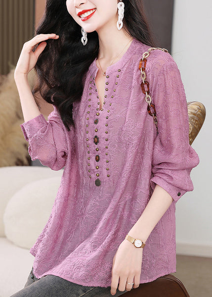 Shirts Sleeve Nail Bead Purple Embroidered Cotton Long Chic FashionChic