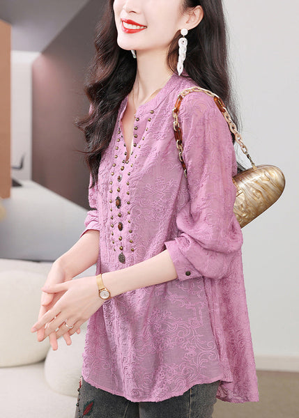 Shirts Sleeve Nail Bead Purple Embroidered Cotton Long Chic FashionChic