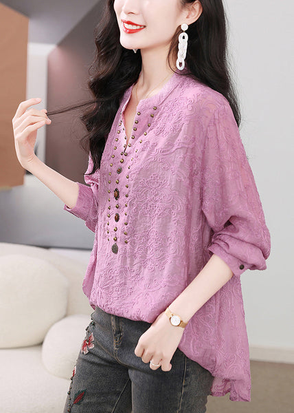 Shirts Sleeve Nail Bead Purple Embroidered Cotton Long Chic FashionChic