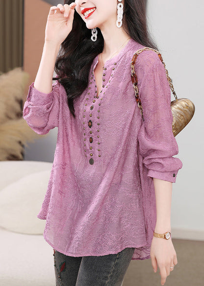 Shirts Sleeve Nail Bead Purple Embroidered Cotton Long Chic FashionChic
