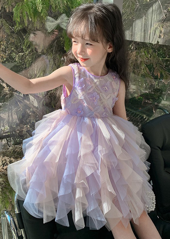 Chic Purple O-Neck Butterfly Tulle Girls Dress Sleeveless TT039 WS-JRTZSDGL240817