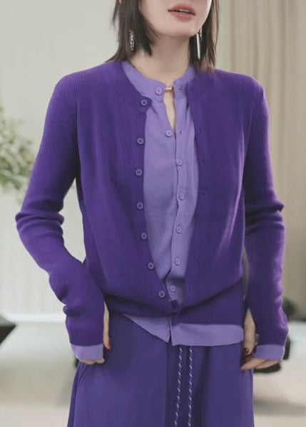 Chic Purple O-Neck Button Fake Two Pieces Cotton Knit Sweater Winter RD018 ABC