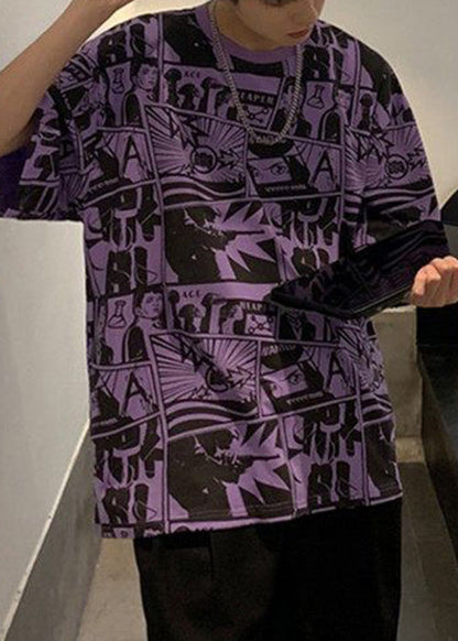 Print Chic Men Shirts Cotton Neck T Purple Summer O FashionChic