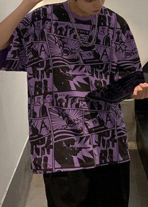 Print Chic Men Shirts Cotton Neck T Purple Summer O FashionChic