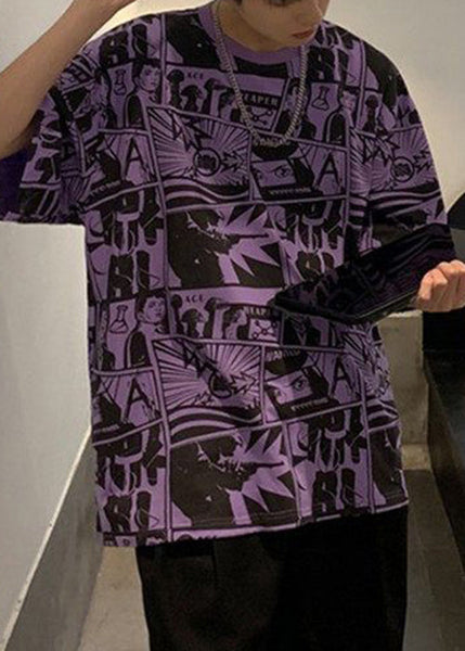 Print Chic Men Shirts Cotton Neck T Purple Summer O FashionChic