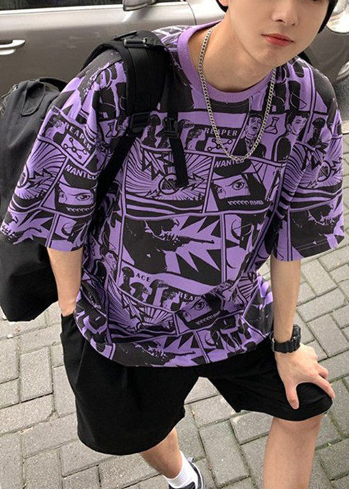 Print Chic Men Shirts Cotton Neck T Purple Summer O FashionChic