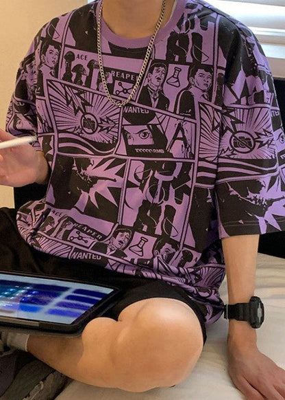 Print Chic Men Shirts Cotton Neck T Purple Summer O FashionChic