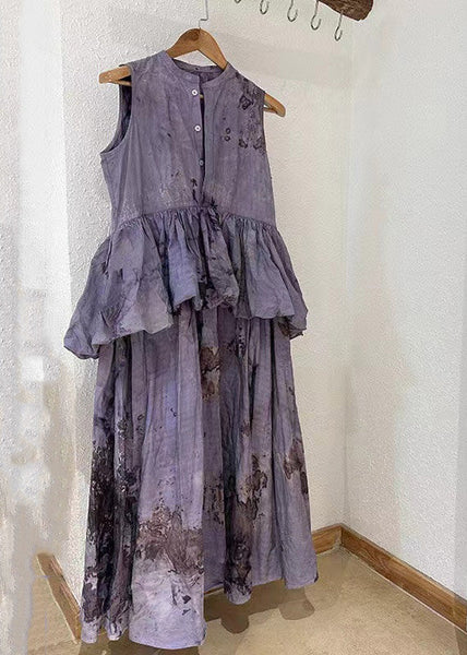 Chic Purple O-Neck Ruffled Patchwork Wrinkled Maxi Dresses Summer UU1057 SH-LF-SDL240526