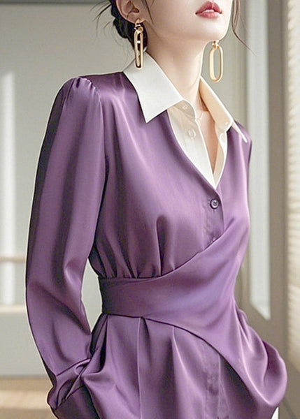 Asymmetrical Collar Chic Design Silk Pan Purple Peter Shirts FashionChic