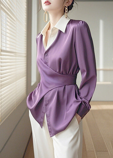 Asymmetrical Collar Chic Design Silk Pan Purple Peter Shirts FashionChic