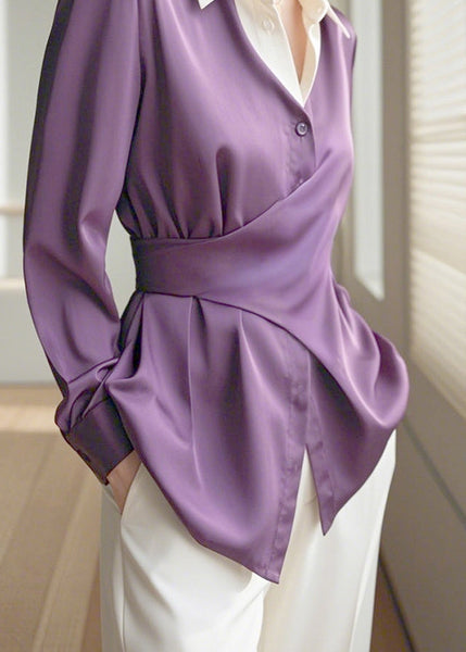 Asymmetrical Collar Chic Design Silk Pan Purple Peter Shirts FashionChic