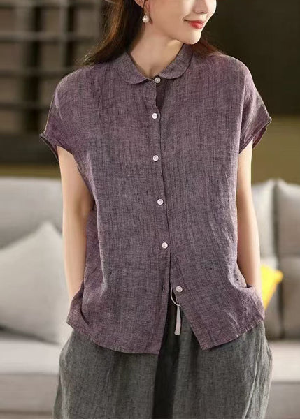 Purple Linen Chic Shirt Pan Summer Peter Top Collar FashionChic
