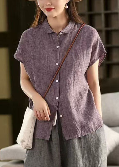 Purple Linen Chic Shirt Pan Summer Peter Top Collar FashionChic