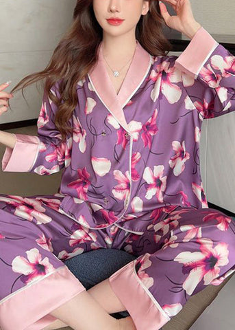 Chic Purple Print Patchwork Ice Silk Pajamas Two Piece Set Spring YK005 ABC