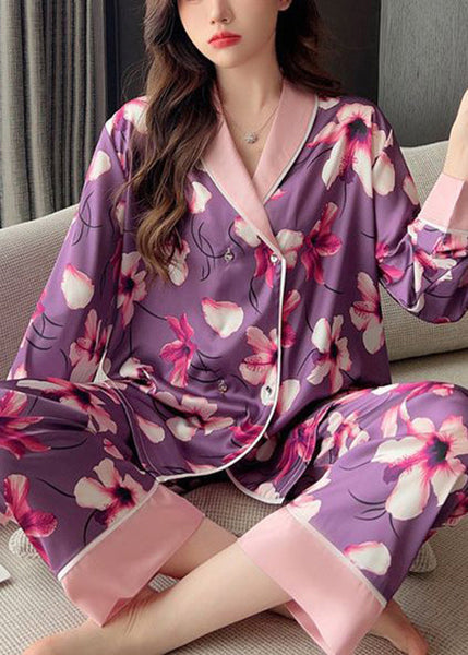 Chic Purple Print Patchwork Ice Silk Pajamas Two Piece Set Spring YK005 ABC