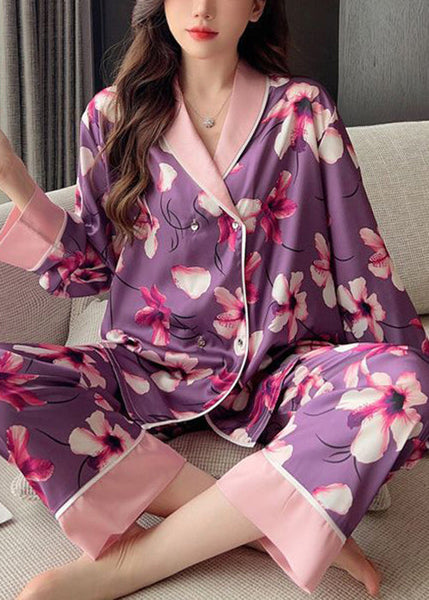 Chic Purple Print Patchwork Ice Silk Pajamas Two Piece Set Spring YK005 ABC