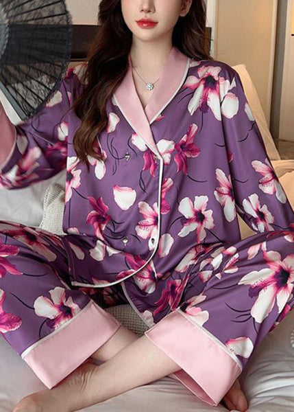 Chic Purple Print Patchwork Ice Silk Pajamas Two Piece Set Spring YK005 ABC