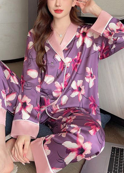 Chic Purple Print Patchwork Ice Silk Pajamas Two Piece Set Spring YK005 ABC