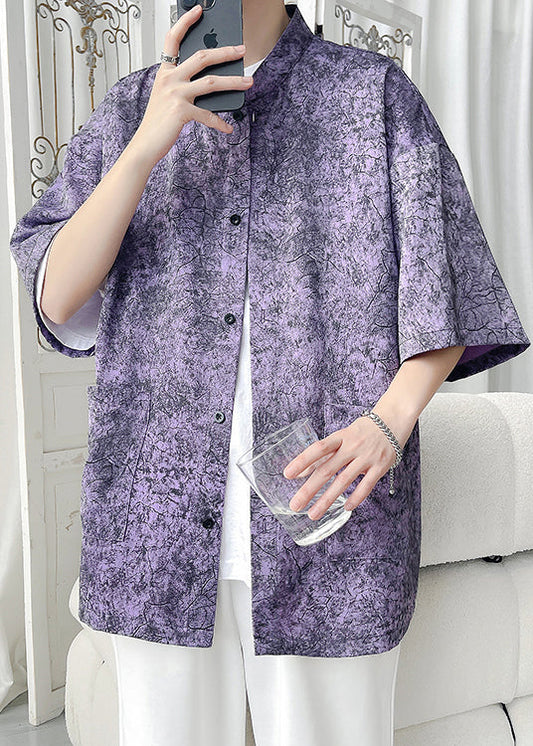 Chic Purple Print Pockets Ice Silk Men Shirt Half Sleeve YT065 Men-Silk-MENSTP240721