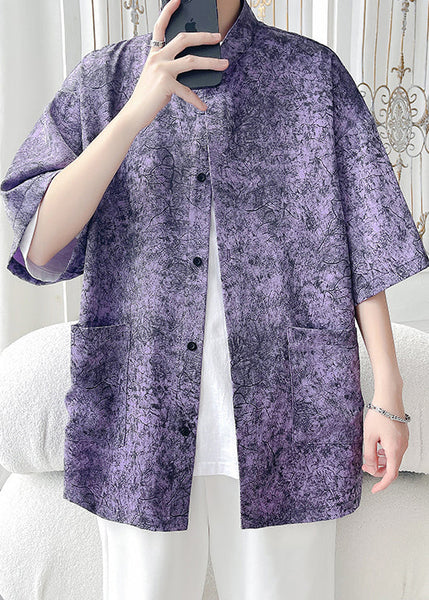 Chic Purple Print Pockets Ice Silk Men Shirt Half Sleeve YT065 Men-Silk-MENSTP240721