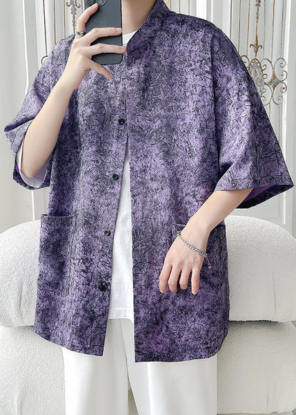 Chic Purple Print Pockets Ice Silk Men Shirt Half Sleeve YT065 Men-Silk-MENSTP240721