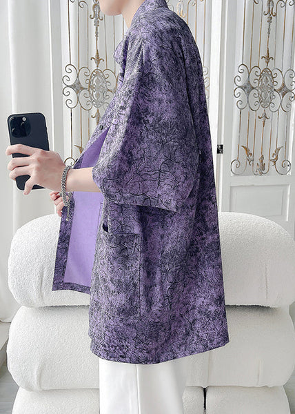 Chic Purple Print Pockets Ice Silk Men Shirt Half Sleeve YT065 Men-Silk-MENSTP240721