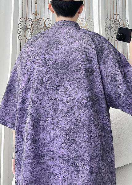 Chic Purple Print Pockets Ice Silk Men Shirt Half Sleeve YT065 Men-Silk-MENSTP240721