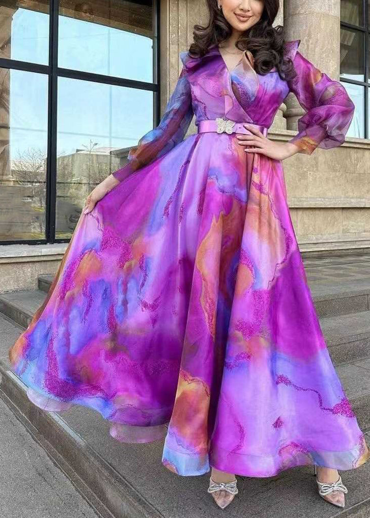 Chic Purple Print Sashes Tulle Patchwork Exra Large Hem Dress Spring WW1035 Ada Fashion