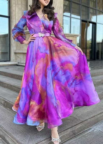Chic Purple Print Sashes Tulle Patchwork Exra Large Hem Dress Spring WW1035 Ada Fashion