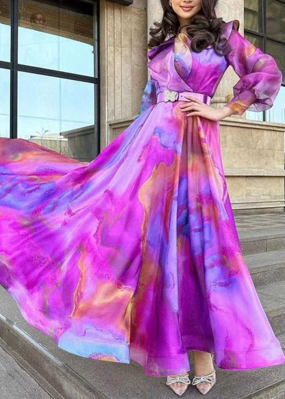 Chic Purple Print Sashes Tulle Patchwork Exra Large Hem Dress Spring WW1035 Ada Fashion
