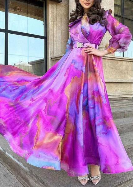 Chic Purple Print Sashes Tulle Patchwork Exra Large Hem Dress Spring WW1035 Ada Fashion