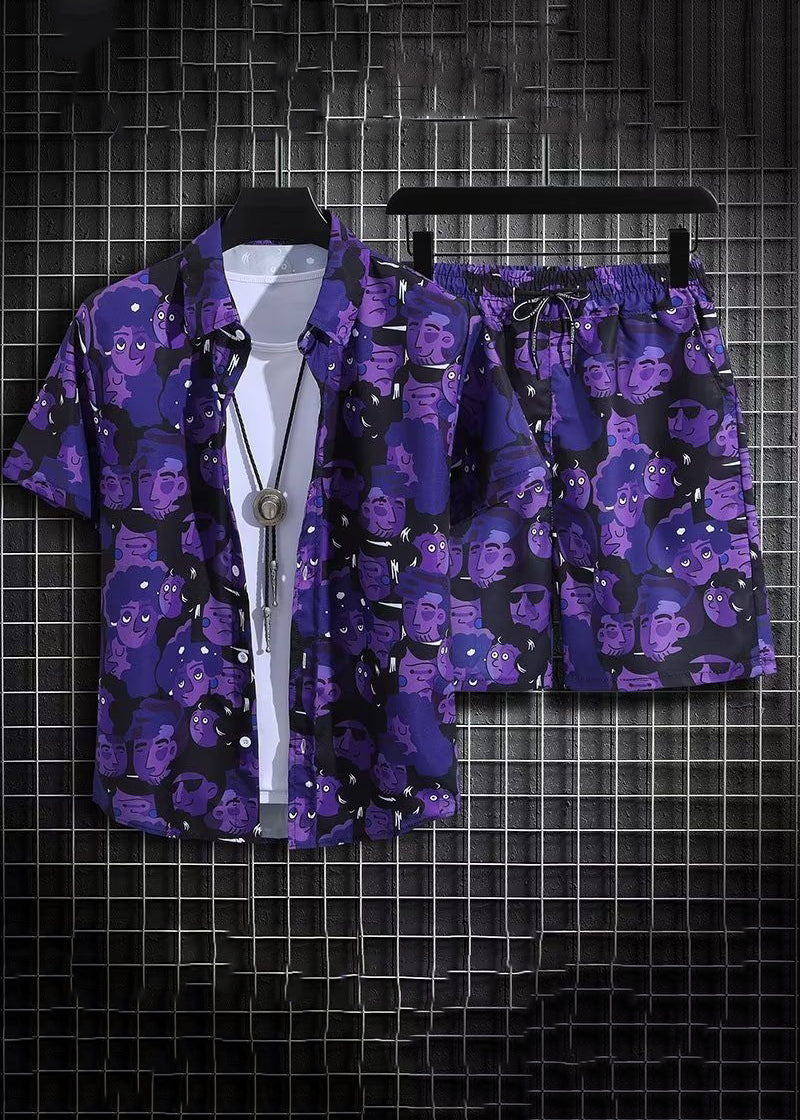 Chic Purple Print Shirt And Shorts Ice Silk Men Two Pieces Set Summer HG047 Men-Silk-MENTS240725