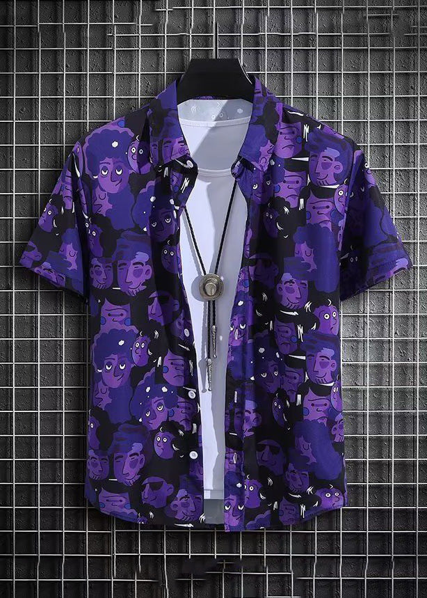 Chic Purple Print Shirt And Shorts Ice Silk Men Two Pieces Set Summer HG047 Men-Silk-MENTS240725