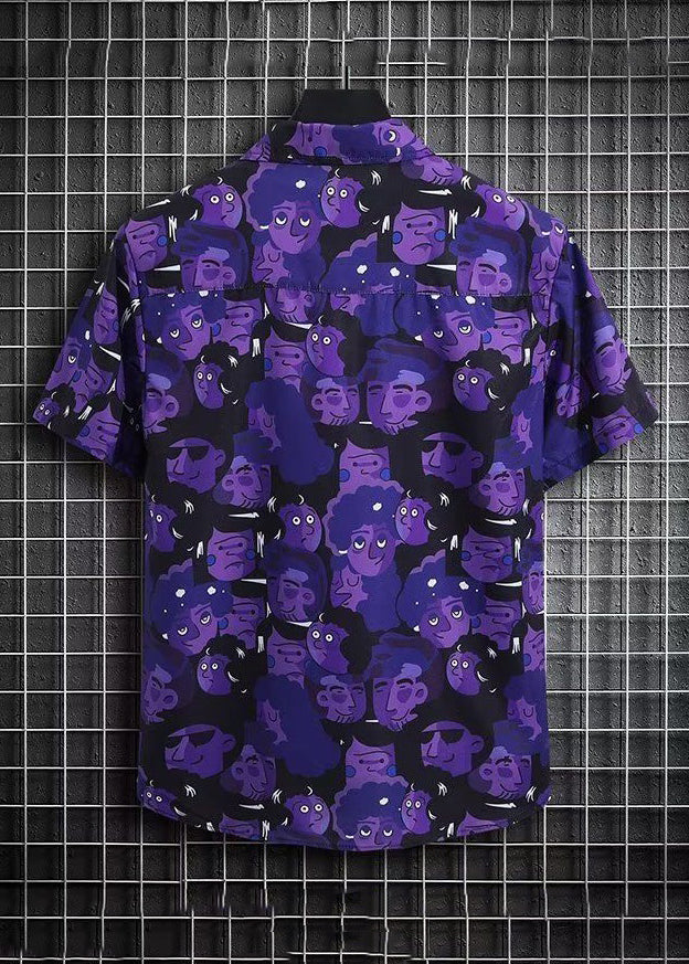 Chic Purple Print Shirt And Shorts Ice Silk Men Two Pieces Set Summer HG047 Men-Silk-MENTS240725