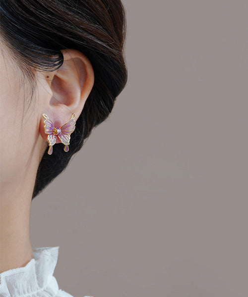 Chic Purple Sterling Silver Overgild Drip Glaze Butterfly Stud Earrings EY005 ABC