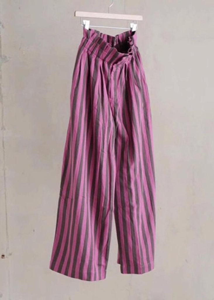 Chic Purple Striped Elastic Waist Cotton Wide Leg Pants Summer AP045 GK-LPTS240718