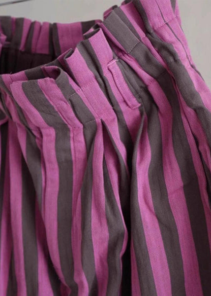 Chic Purple Striped Elastic Waist Cotton Wide Leg Pants Summer AP045 GK-LPTS240718