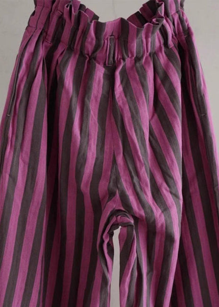 Chic Purple Striped Elastic Waist Cotton Wide Leg Pants Summer AP045 GK-LPTS240718