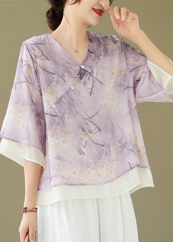 Chic Purple V Neck Button Print Cotton Shirt Flare Sleeve JH068 MMDM-HTP240717